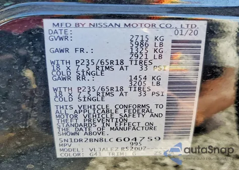 2020 Nissan Pathfinder Sv z USA, uszkodzony, nr VIN 5N1DR2BN8LC604759